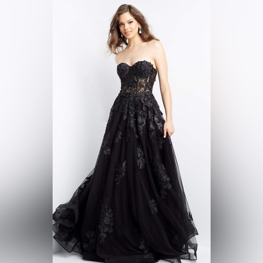 Jovani - 07901 Strapless Lace Ornate A-Line Gown